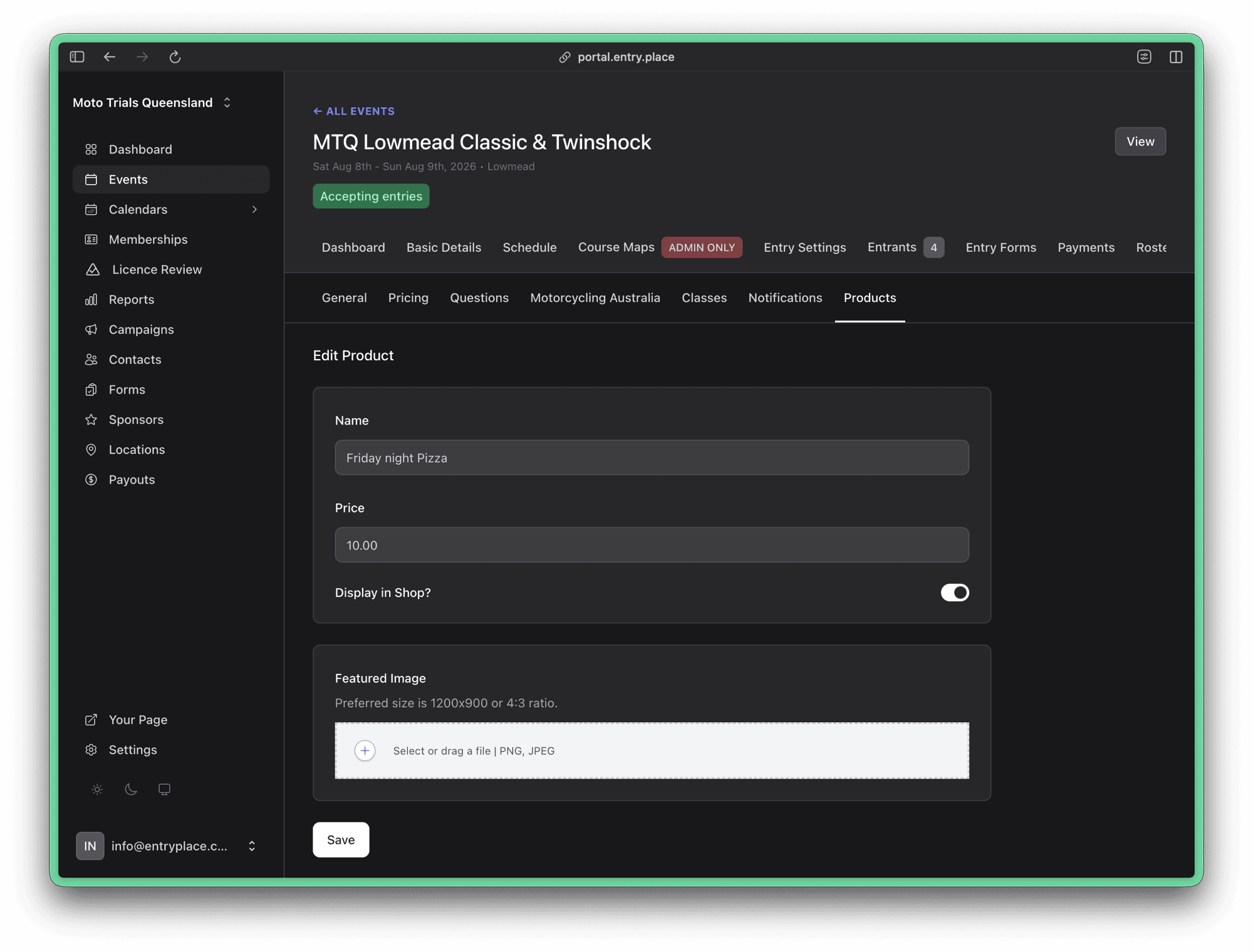 Editing a product's name, price and shop visibility